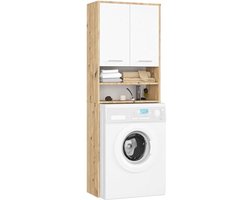 Wasmachine-ombouwkast met 2 deuren | Bovenbouwkast 64 cm | Hoge Wasmachinekast | Opbergkast voor Badkamer | Wit Artisan-eiken