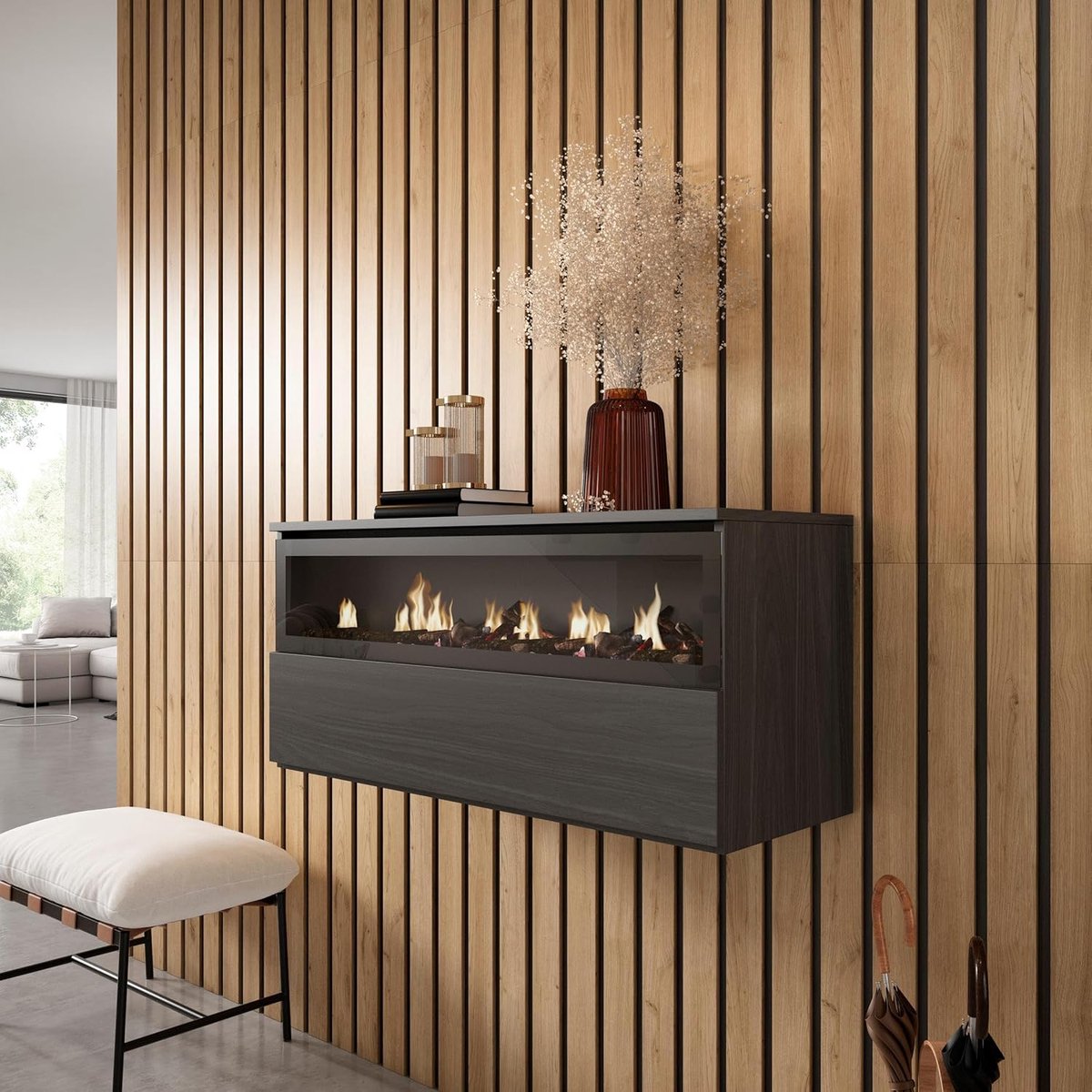 Elektrische Haard LuxeFlame™ 102cm – LED Vlameffect Zonder Warmte – Moderne Wandhaard met Opbergruimte en Afstandsbediening – Decoratieve Inbouwhaard – Zwart Houten Design HomeByNicole