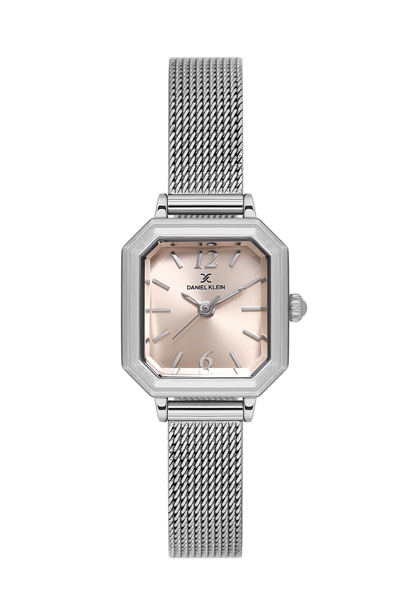 Daniel Klein DK.1.13945-1 - Horloge - Polshorloge - Analoog - Dames - Vrouwen - Milanese-Mesh stalen band - Metaal - Achthoek - Cijfers - Strepen - Zilverkleurig - Lichtroze - Beige - Zwart