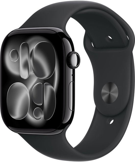 Zwarte Apple Watch met zwart sportbandje. Het scherm toont de tijd 10:09 met een abstracte achtergrond.