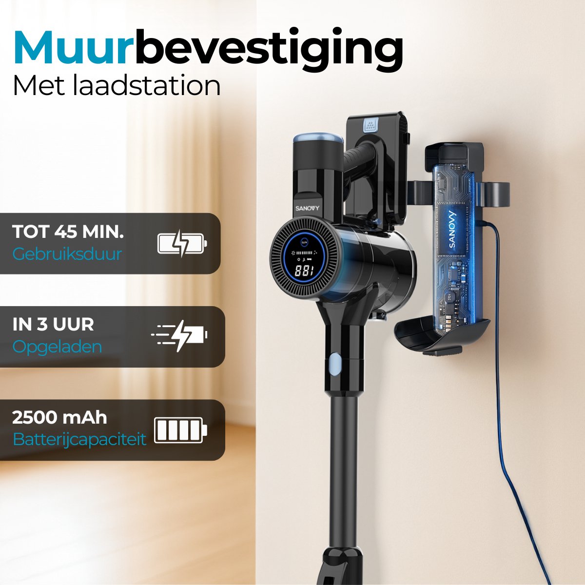 Sanovy Turbo Flex X28 Steelstofzuiger Draadloos - Zonder Zak - Op Accu - 350W - 28Kpa - Met Opzetstukken - Draadloze Stofzuiger Zonder Zak — afbeelding 7