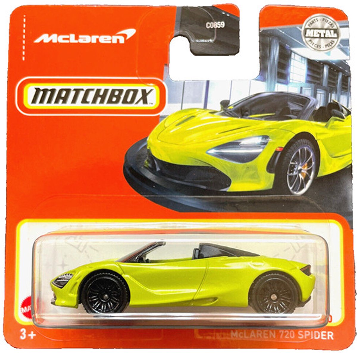 MATCHBOX McLAREN 720 SPIDER CONVERTIBLE YELLOW GREEN 1:64 3/100 SHORT CARD METAL