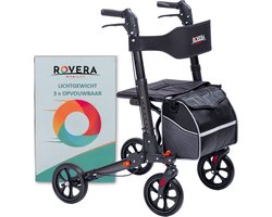 Rovera® Rollator (3x) Dubbel Opvouwbaar – Lichtgewicht & 3x Opvouwbaar – Met Luxe Rollatortas, Brede Rugsteun & Comfortabele Zitting – Geschikt voor Binnen & Buiten – Antraciet
