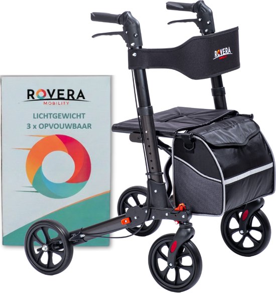 Rovera Mobility® Rollator Easy (3x) Dubbel Opvouwbaar – Lichtgewicht & 3x Opvouwbaar – Met Luxe Rollatortas, Brede Rugsteun & Comfortabele Zitting – Geschikt voor Binnen & Buiten – Antraciet