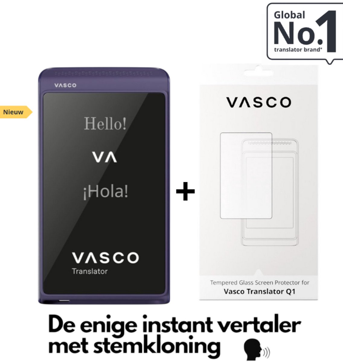 Vasco Translator Q1 Mystic Plum AI vertaler + Vasco Screen Protector voor Translator Q1. Nieuw 2025 de enige instant translator met stemkloning telefoongesprekken en handsfree modus gratis Internet foto en telefoon Vertale
