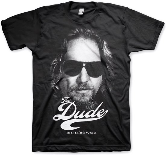 Zwart T-shirt met "The Dude" en "The Big Lebowski" tekst en een portret van Jeff "The Dude" Lebowski.