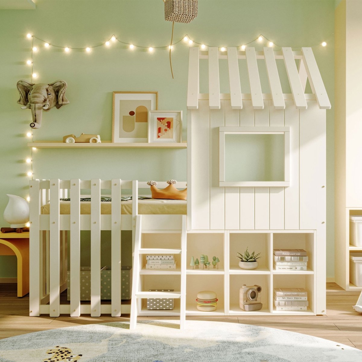 Komhtom Kinderhuisbed 90x200, met dak en raam, met open opbergruimte, met ladder, stapelbed voor kinderen van massief hout zonder matras, wit