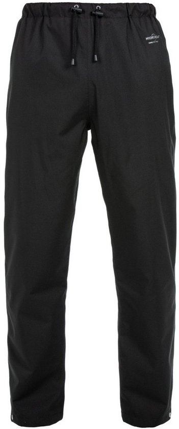 Zwarte Hydrowear regenbroek met trekkoord en drukknoopjes onderaan de pijpen.