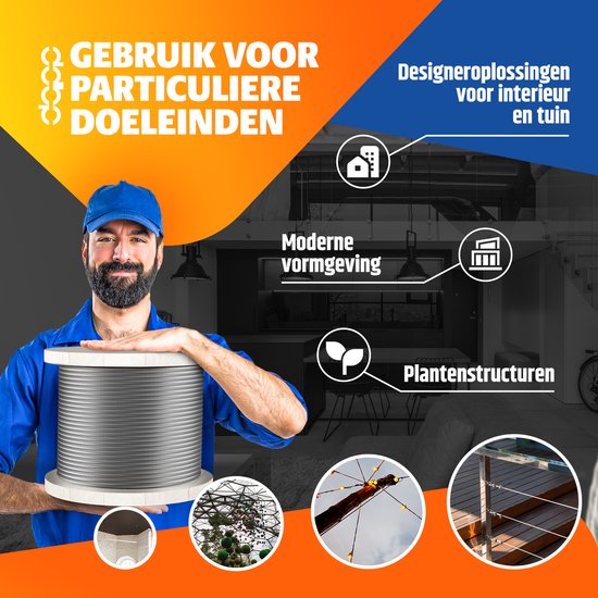 DQ-PP STAALKABEL - 6x7 - 5 mm - 60 m - Gegalvaniseerde staalkabel - Bosbouwkabel - Lierkabel - Spankabel - Geschikt voor diverse toepassingen zoals lieren - Bevestigingen en het trekken van zware lasten