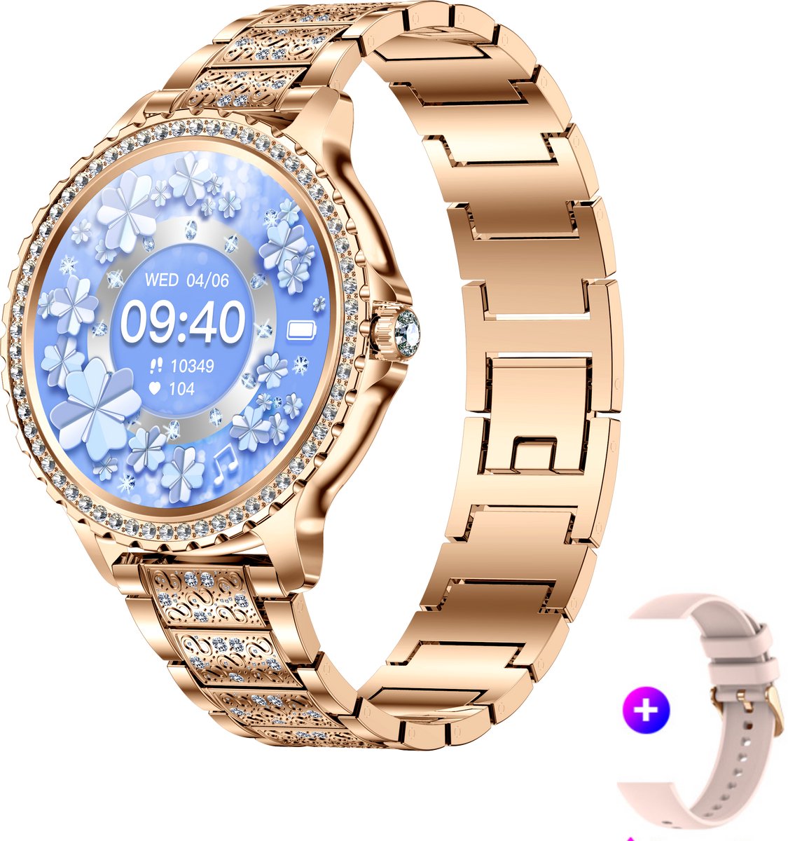 Stijl Ontmoet Slimheid: Knobbout 1.32” Scherm Roségouden Smartwatch met Diamanten – Voor Vrouwen die Stralen! Bluetooth Bellen, Gezondheidstracker & AI Assistent- Roségouden talen band met kristallen + extra siliconen band