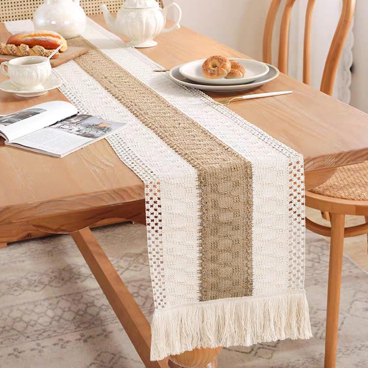 Azomor® Beige macramé tafelloper met kwastjes voor boho bruiloft en feestdecoratie