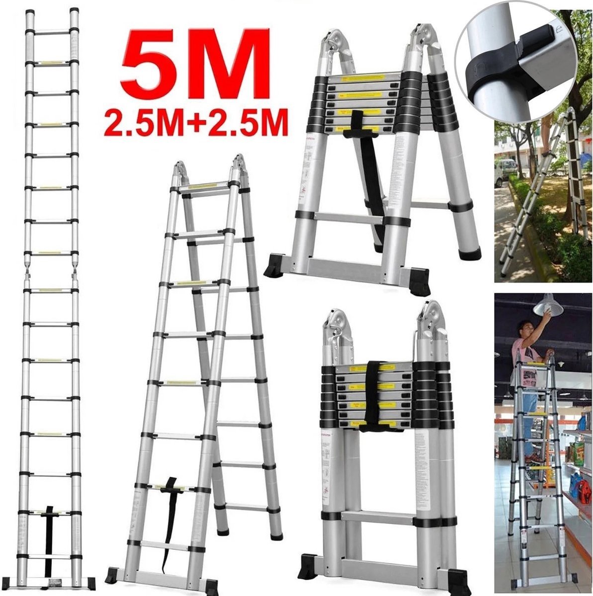 QPFO® Telescopische Ladder 5 Meter - Uitschuifbare Aluminium Ladder - 4 In 1 Multifunctioneel Voor Binnen En Buiten