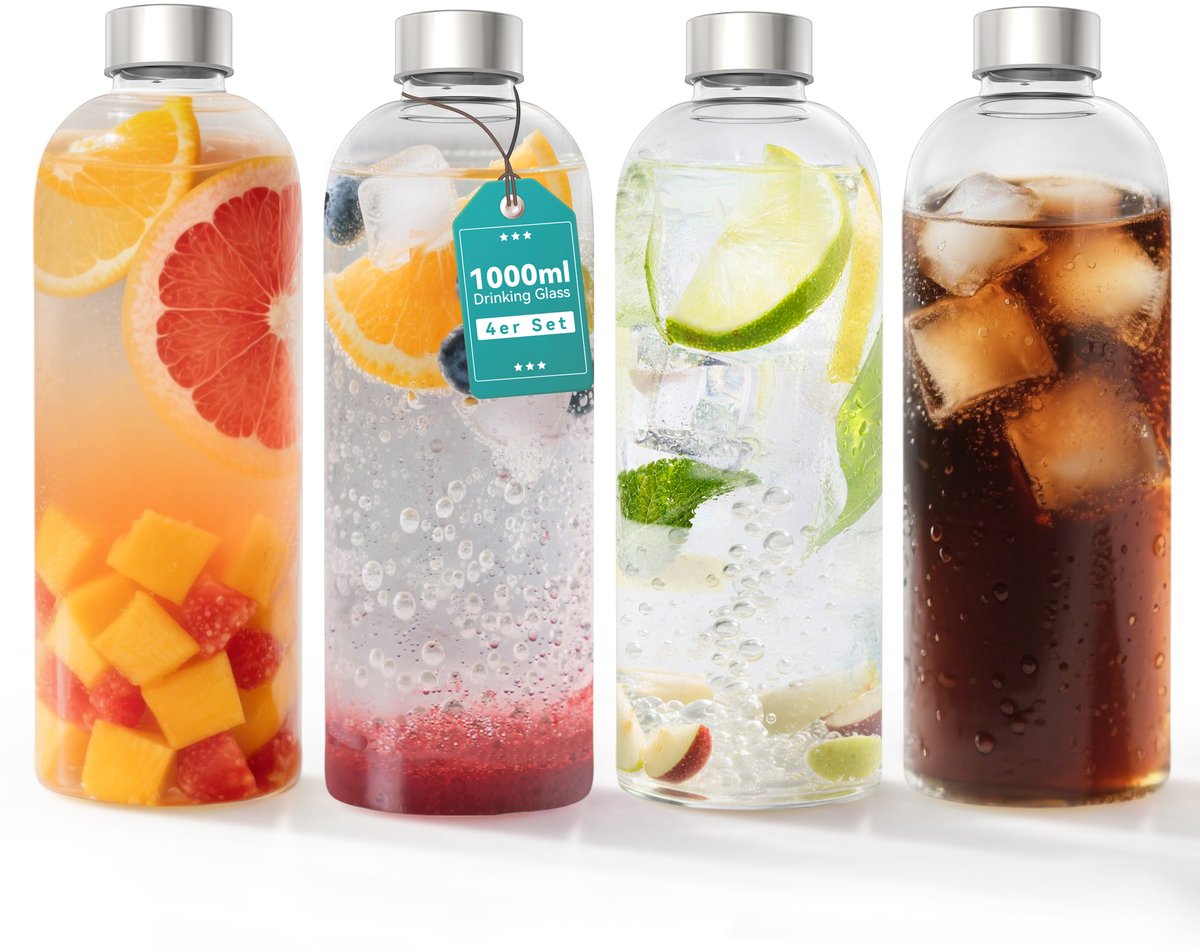 NAIZY Glazen Fles met roestvrijstalen deksel 1000ml drinkfles van glas met reinigingsborstel glazen drinkfles luchtdicht lekvrij waterfles glas voor warme en koude dranken, 4 stuks