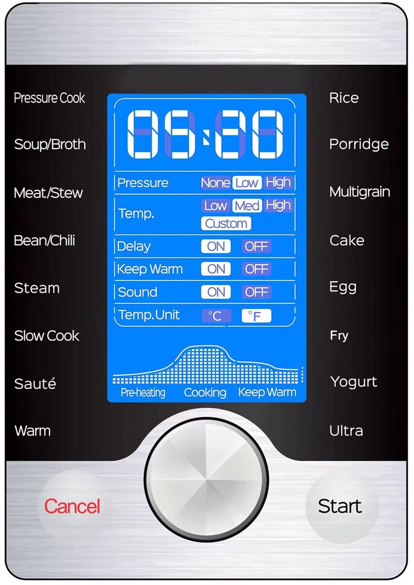 Afbeelding 3 van Elektrische Snelkookpan 10-in-1 – 6L – 1000W – RVS – Touchscreen – LED Display – Instelbare Druk – Anti-aanbaklaag – 8-Voudige Beveiliging