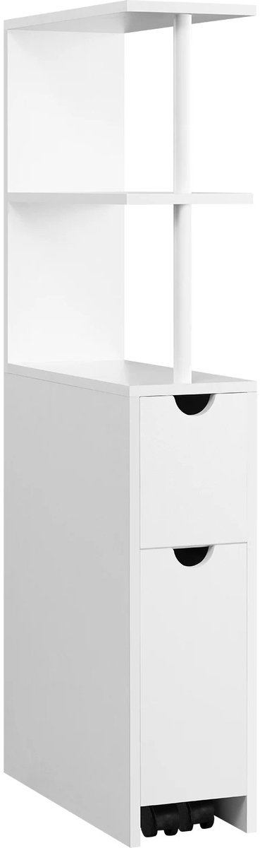 Aiverig® Badkamerkast Smal & Hoog – Badkamermeubel & Opbergkast – Uittrekbare Lade op Wieltjes & 2 Open Vakken – Vochtbestendig MDF – Voor Badkamer & Toilet – Wit – 19×45×113 CM