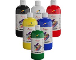 Farbello Acrylverf Set- 6 kleuren*500 gr., Sterk gepigmenteerde, Niet giftige verf op waterbasis, voor canvas, hout, steen, papier en metaal.