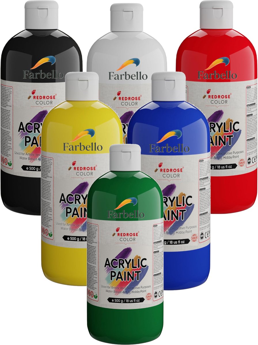 Farbello Acrylverf Set- 6 kleuren*500 gr., Sterk gepigmenteerde, Niet giftige verf op waterbasis, voor canvas, hout, steen, papier en metaal.