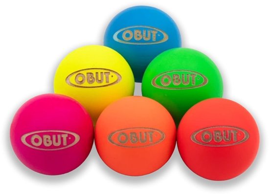 Set van zes OBUT jeu-de-boules ballen in fluorescerend geel, roze, oranje, rood, groen en blauw.