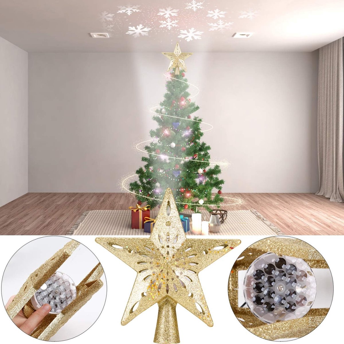 Projectorlamp - Sneeuw projector verlichting - Sneeuwvlokprojectorlamp - Kerstboom Topper - sneeuwvlokken licht projector voor Kerstmis - Snow Projector - LED-sneeuwspot voor binnen - huisdecoratie- Voor kerstboomversiering - Goud – foto 3