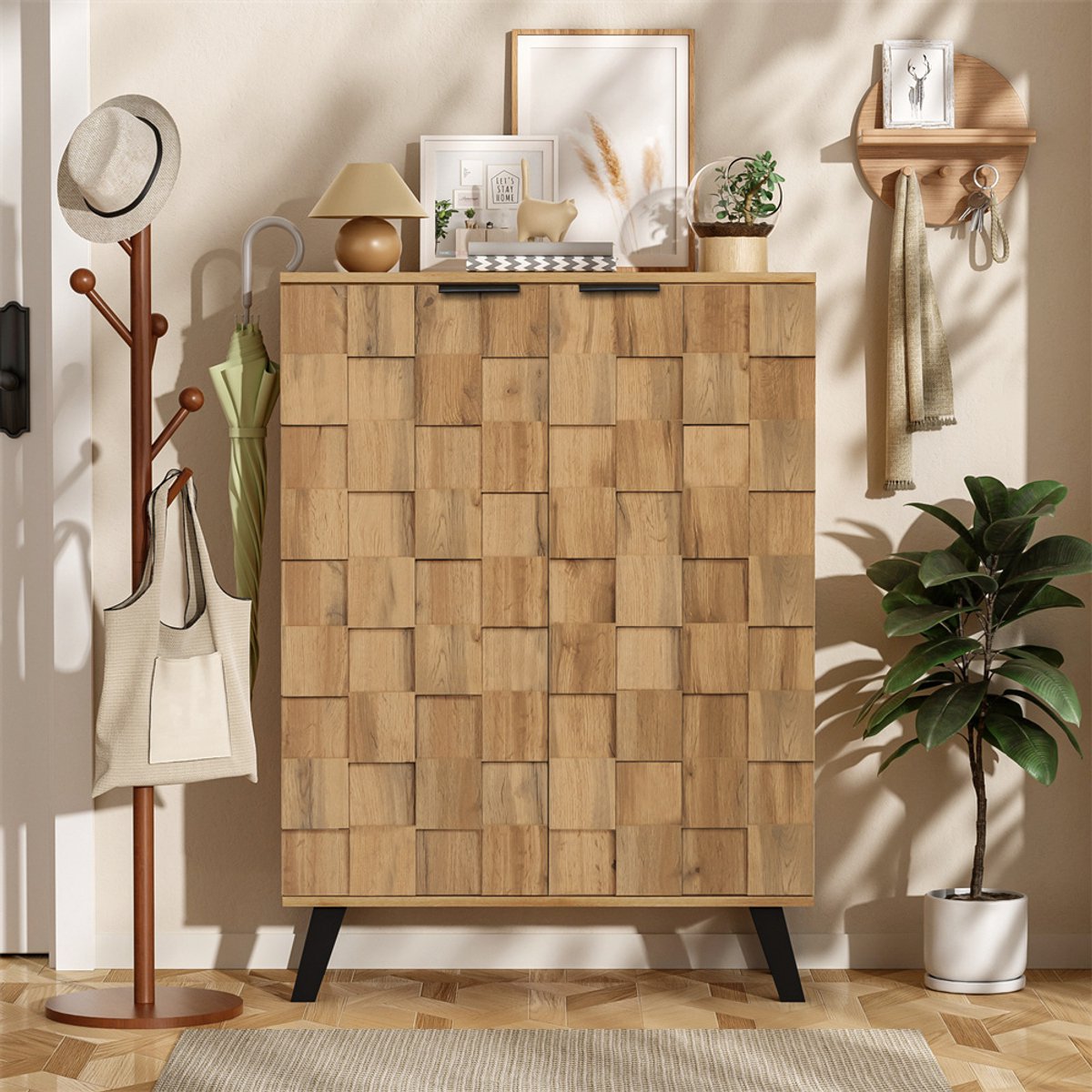 YEHTOKHOME Moderne Schoenenkast met 2 deuren - 5 vakken – Verstelbare planken - 80,5 x 35 x 109,5 cm - Zwarte metalen handgrepen - Houtlook bruin