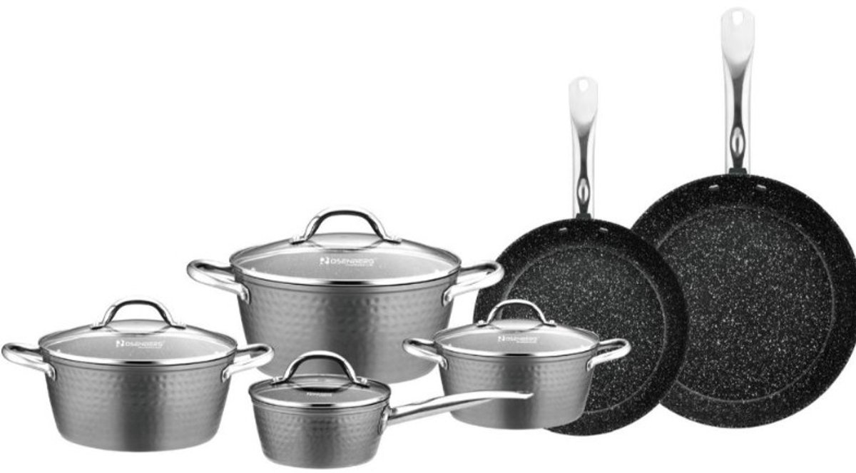 Rosenberg 10 delige luxe pannenset grijs met hamerslag , marmercoating antiaanbaklaag