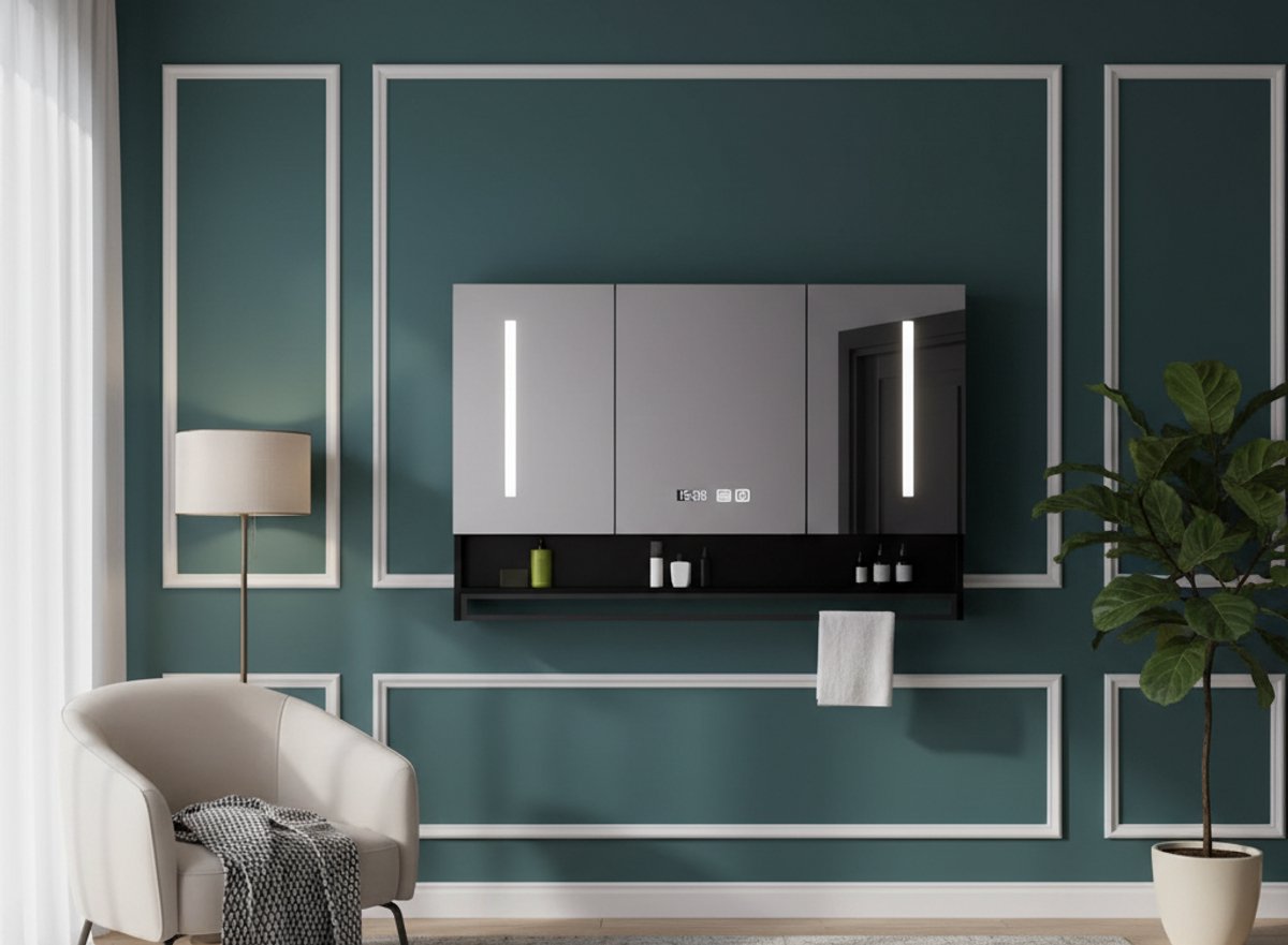 Industrial Home luxe LED-badkamerspiegelkast met verlichting - Zwarte wandkast 100x80 cm - Slimme spiegel met ontwaseming, digitale klok, touchbediening, planken en handdoekhouder - Moderne badkamerkast met spiegeldeur