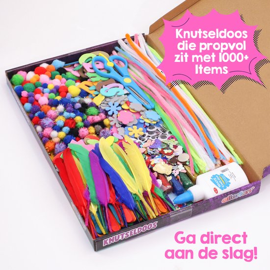 Open knutseldoos vol met pompons, veren, chenilledraad, foamvormen, wiebelogen, pailletten, knopen en knutsellijm.