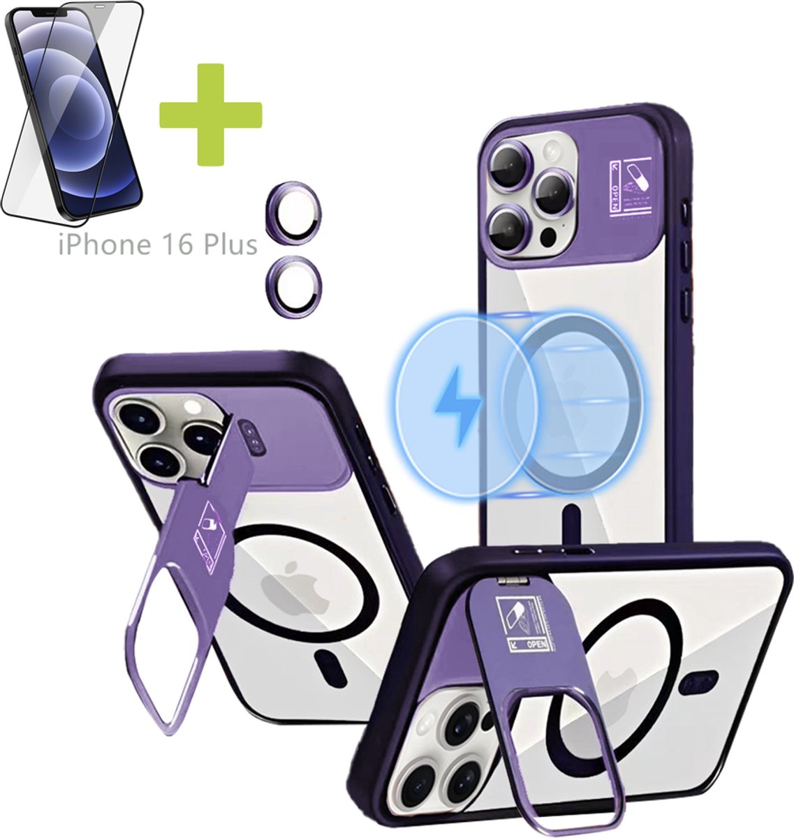 Hoesje voor iPhone 16 Plus met Standaard, Compatibel met MagSafe, Acryl + TPU Case, Hoes ingebouwde Stash Stand-telefoonhoes, Ultradun-Paars - Screenprotector