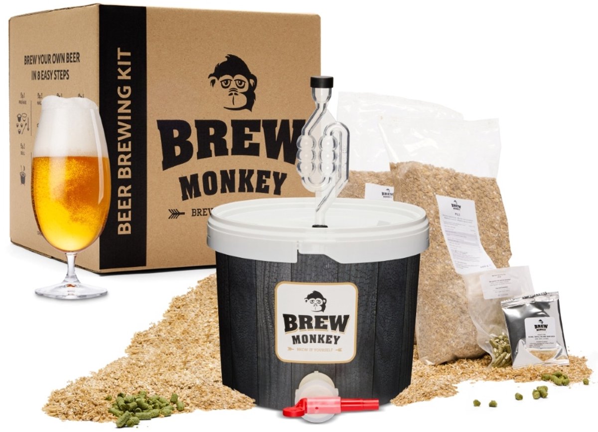 Brew Monkey Basis Blond - Bierbrouwpakket - Zelf Bier Brouwen Bierpakket - Gadgets Mannen - Vaderdagcadeau - Verjaardagscadeau voor Mannen - Origineel bier Cadeau - Verjaardag cadeau