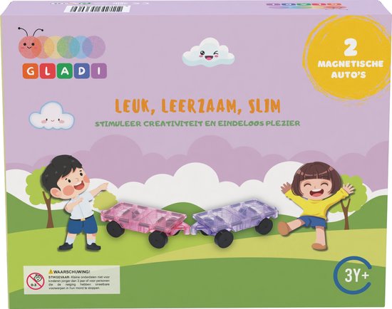 Gladi Tiles Pastel Uitbreidingsset - 2 Magnetische Auto's - Magnetisch Speelgoed - Magnetic Tiles - STEM Speelgoed voor 3 t/m 12 Jaar - Magnetische Tegels - Constructie speelgoed - Educatief Bouwspeelgoed