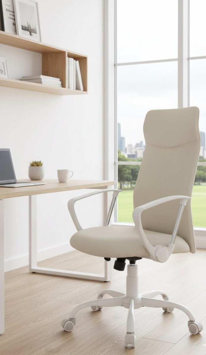 ErgoLuxe Comfort Bureaustoel – Ergonomische Draaistoel met Verstelbare Hoogte & Schommelstand – Luxe Kantoorstoel met Dikke Zitting, Ademend Textiel & Stabiele Stalen Basis – Cappuccino Beige Alta