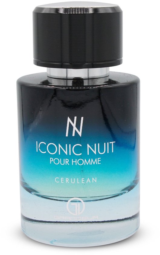 Iconic Nuit Pour Homme Cerulean eau de parfum in een glazen fles met blauwe gradiënt en zwarte dop.