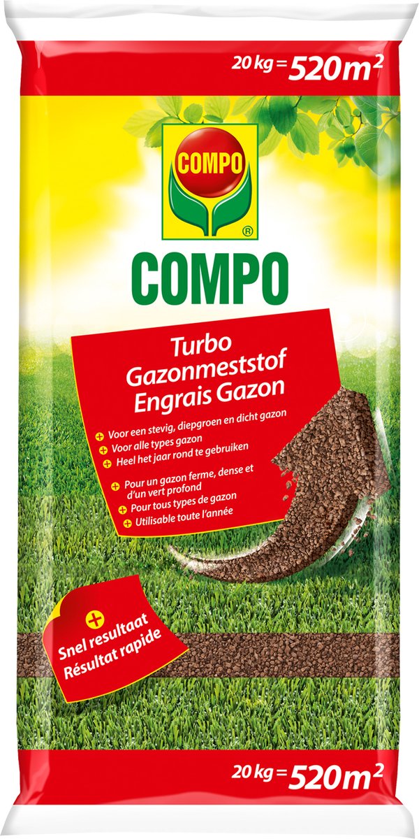 COMPO Turbo Gazonmeststof - stofvrije korrels met heel snelle werking - rijk aan organische elementen - ook geschikt voor strooiwagens - zak 20kg (520 m²)