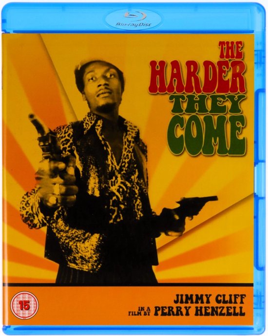 De Blu-ray hoes van "The Harder They Come" met een man in een panterprint shirt die een pistool vasthoudt, met een gele en oranje gestreepte achtergrond.