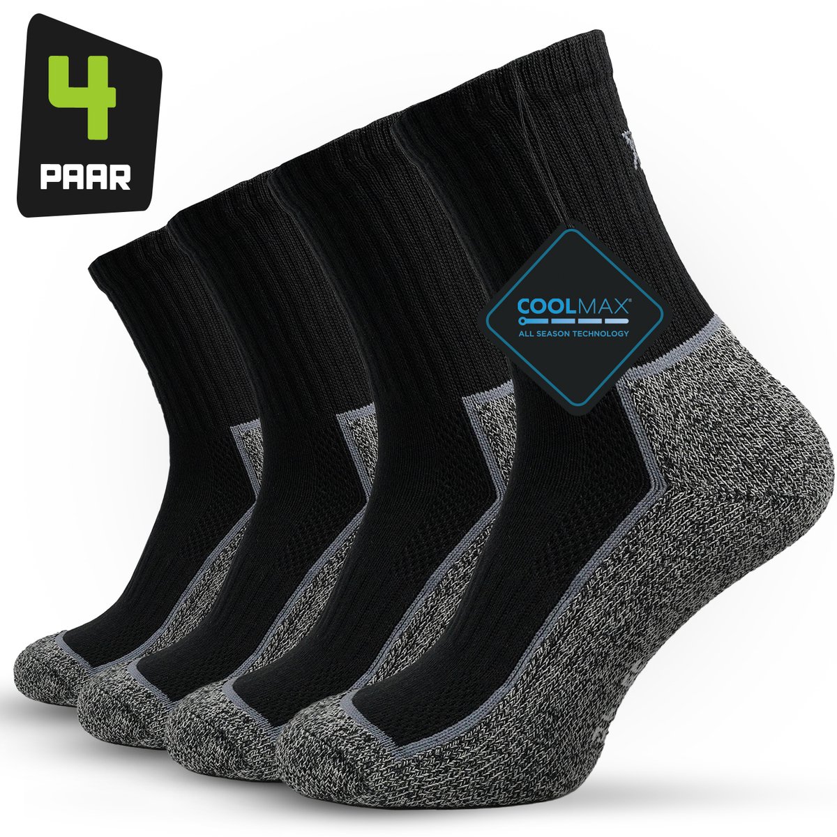 Outdoor- en Wandelsokken Coolmax Heren – 4-paar – Vermindert zweetvoeten Goede ondersteuning Comfortabele pasvorm Anti-afzak band Verstevigde Teen & Hiel Zwart