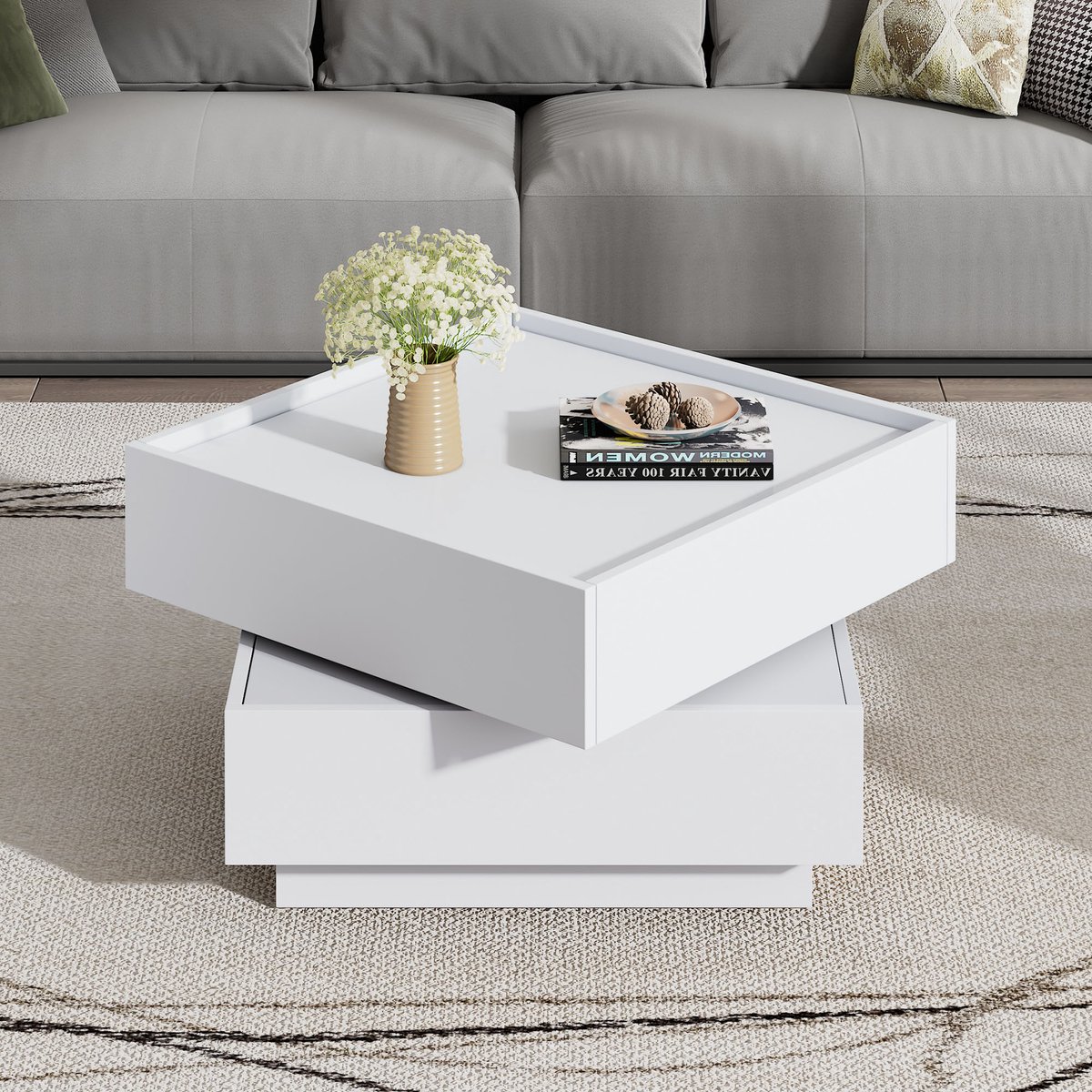 HAUSS SPOLE Salontafels - Salontafel Vierkant Met 360° Draaibare Tafelplaat - 2 Etages Opbergruimte - 60x60x38 cm - Spaanplaat - Wit