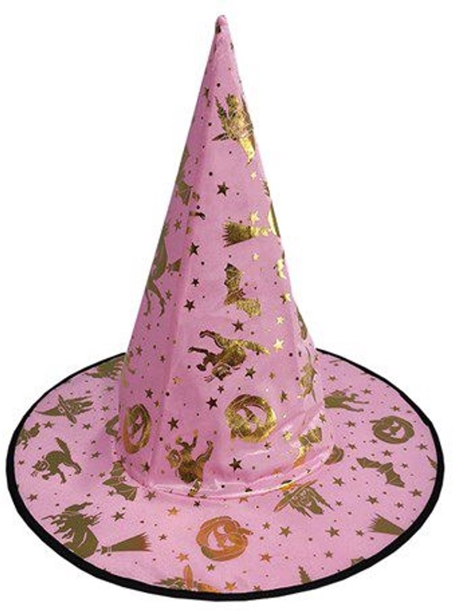 Heksenhoed Kinderen - Heks - Roze/Goud - Halloween Heksenhoed - One Size - Een Stuk - Unisex