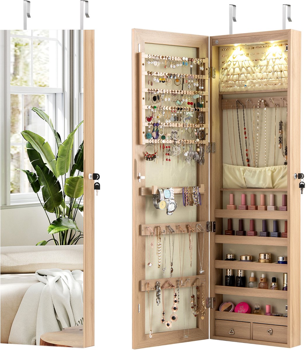 COSTWAY Sieradenkast met ledverlichting, sieradenrek met spiegel, spiegelkast hangend afsluitbaar met sleutels, sieradenopslag 120 x 35,5 x 10 cm (beige)