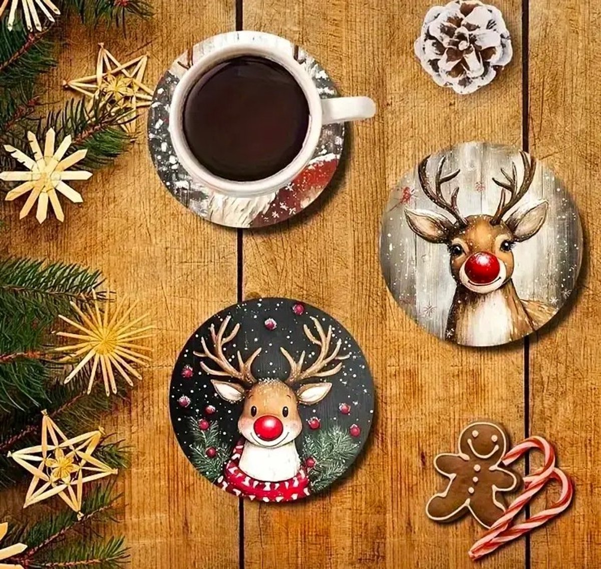 Set van 6 houten kerst onderzetters met rendieren "Rudolph the red nosed reindeer", sneeuw / kerstboom en kerstballen (kerstdecoratie, glas onderzetter, bierviltje, cadeau idee voor Kerstmis) — cadeau in Wonen & Interieur - foto 3