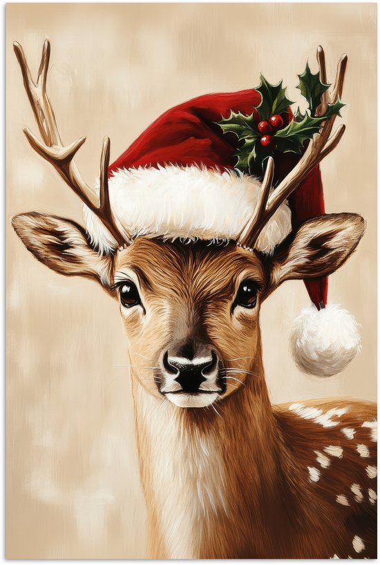 Poster 60x90 cm - Kerst - Hert - Gewei - Rood - Posters - Kamer decoratie - Wanddecoratie woonkamer - Muurdecoratie slaapkamer - Kerstversiering - Kerstdecoratie voor binnen - Kerstmis