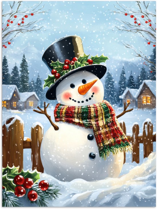 Poster 60x80 cm - Sneeuwpop - Winterdorp - Kleurrijk - Posters - Kamer decoratie - Wanddecoratie woonkamer - Muurdecoratie slaapkamer