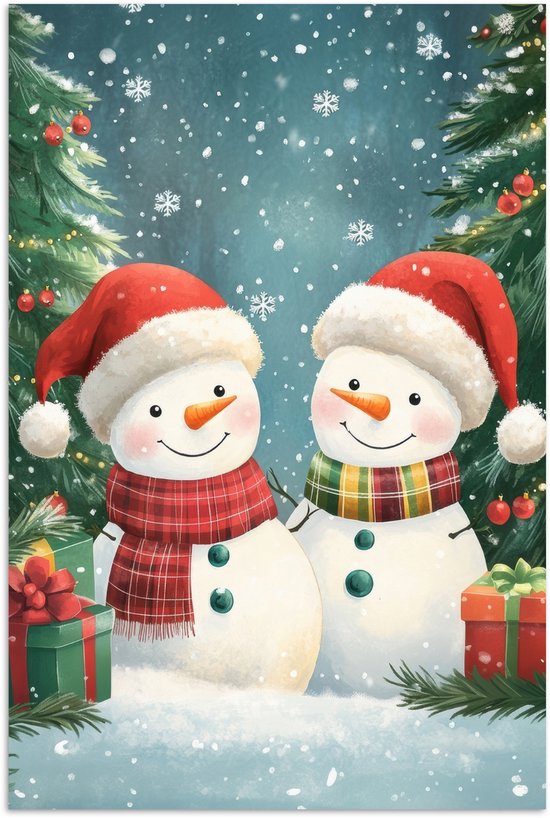 Poster 40x60 cm - Sneeuwpop - Kerstsneeuw - Groen - Rood - Posters - Kamer decoratie - Wanddecoratie woonkamer - Muurdecoratie slaapkamer - Kerstversiering - Kerstdecoratie voor binnen - Kerstmis