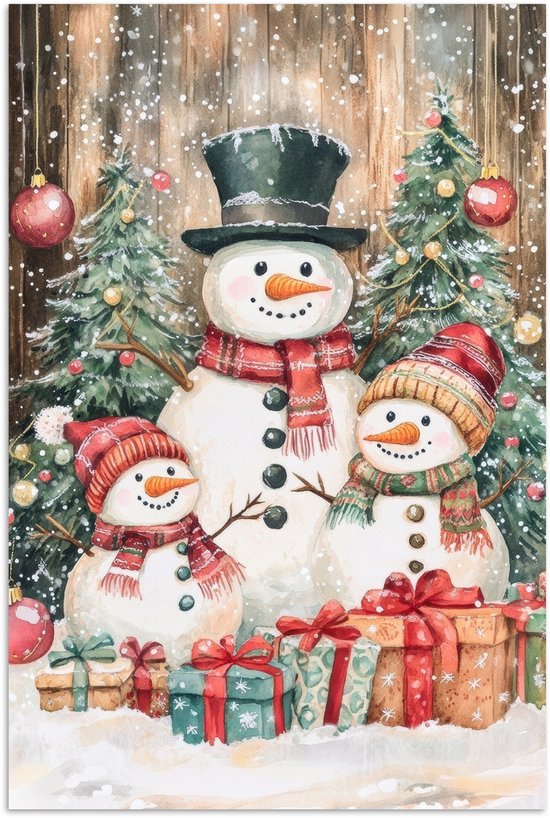 Poster 80x120 cm - Sneeuwpop - Familie - Kleurrijk - Posters - Kamer decoratie - Wanddecoratie woonkamer - Muurdecoratie slaapkamer