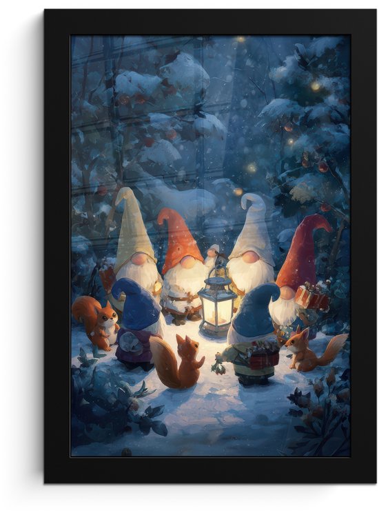 Poster in lijst - Fotolijst 20x30 cm - Posters - Winter - Gnooms - Eekhoorns - Meerkleurig - Posterlijst zwart - Decoratie - Wanddecoratie woonkamer - Muurdecoratie slaapkamer - Kerstversiering - Kerstdecoratie voor binnen - Kerstmis