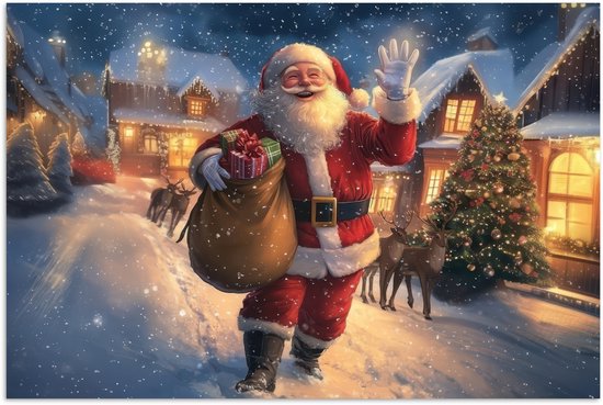 Poster 90x60 cm - Kerstman - Dorp - Hert - Donker - Posters - Kamer decoratie - Wanddecoratie woonkamer - Muurdecoratie slaapkamer - Kerstversiering - Kerstdecoratie voor binnen - Kerstmis