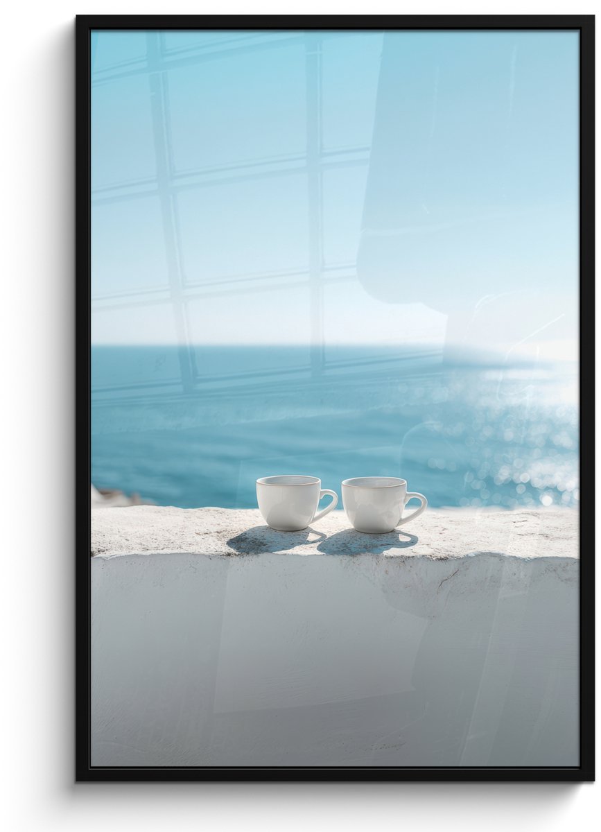 FrameYourWall Poster in lijst - Fotolijst 80x120 cm - Posters - Zee - Koffiekopjes - Zomers - Posterlijst zwart - Decoratie - Wanddecoratie woonkamer - Muurdecoratie slaapkamer