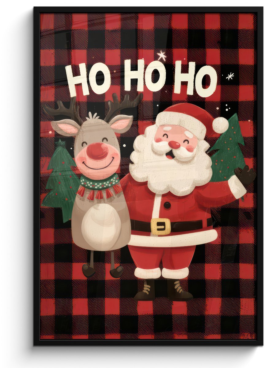FrameYourWall Poster in lijst - Fotolijst 80x120 cm - Posters - Kerstman - Rendier - Tekst - Rood - Zwart - Posterlijst zwart - Decoratie - Wanddecoratie woonkamer - Muurdecoratie slaapkamer - Kerstversiering - Kerstdecoratie voor binnen - Kerstmis