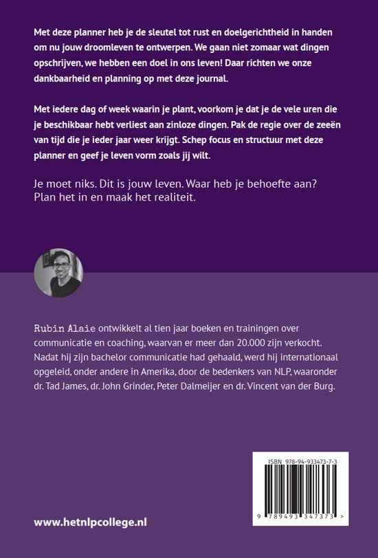 Achterkant van 'Doelenplanner' in paars, met beschrijving, auteur en ISBN.