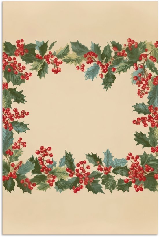 Poster 60x90 cm - Hulstrand - Bessen - Beige - Posters - Kamer decoratie - Wanddecoratie woonkamer - Muurdecoratie slaapkamer - Kerstversiering - Kerstdecoratie voor binnen - Kerstmis