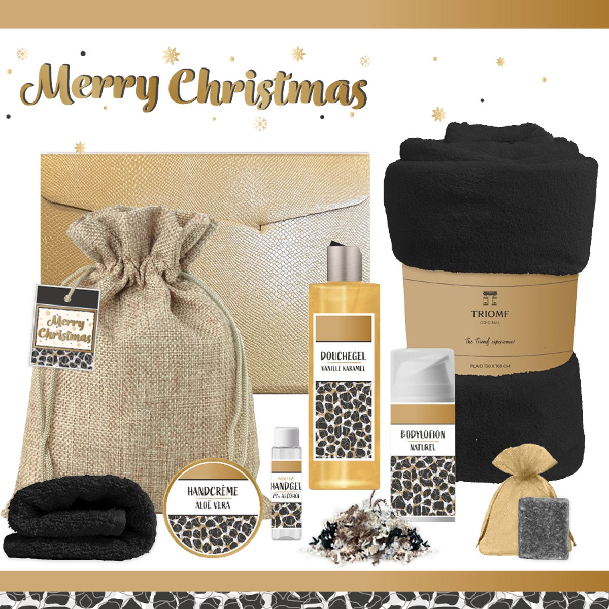 Geschenkset “Merry Christmas” - 8 producten - 1210 gram - Triomf Cosmetica | Giftset voor haar Luxe wellness cadeaubox Cadeau vrouw Gift Set Kerst Geschenk Fijne Feestdagen Kerstpakket Cadeaupakket Prettige Kerstdagen Collega Panter Zwart Goud